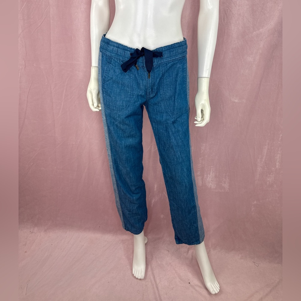 Tory Burch Womens 100% Cotton Chambray Blue Denim Pants Size 27 Elastic Waist